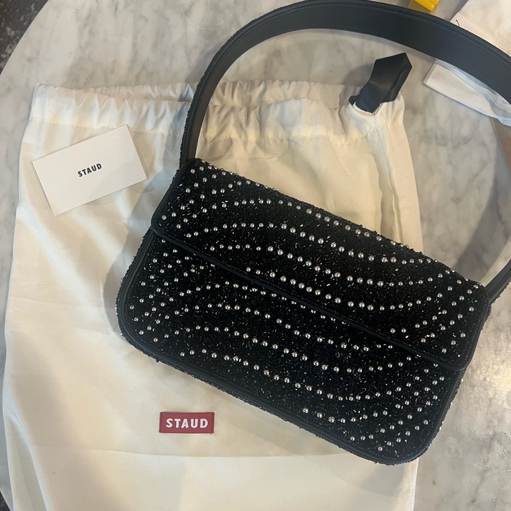 STAUD Black and Silver Beaded Shoulder Bag